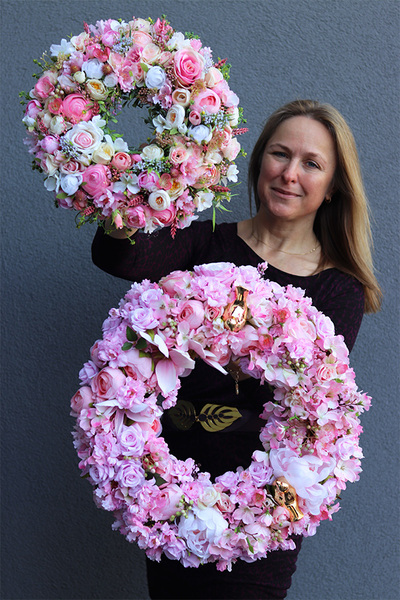 bogaty różowy wianek z ptaszkami, Pink Summer Gold, śr.47cm
