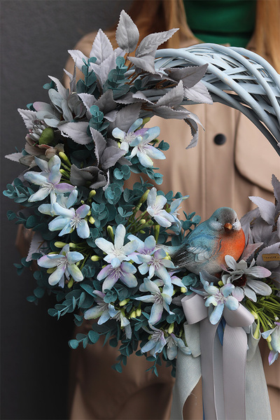 Błogi Błękit, wianek dekoracyjny z ptaszkiem