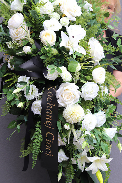 Memorieta, kompozycja / wiązanka pogrzebowa z wstęgą, dł.120cm