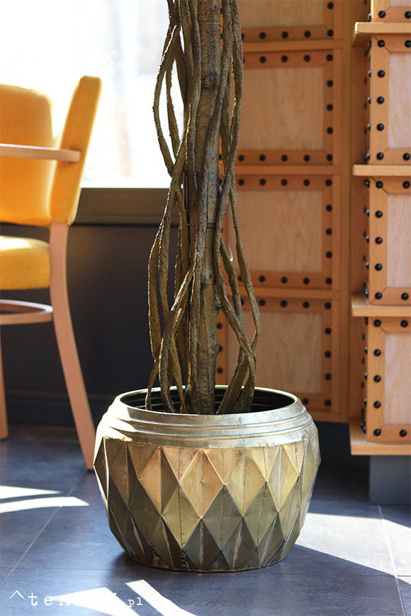 Fikus Benjamin G Gold, sztuczna roślina w złotej donicy