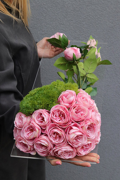 Clear Design Roses Pink, dekoracja nagrobna na transparentnej podstawie, wym.70x25cm