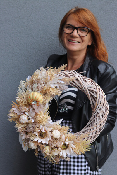 Boho Fall, asymetryczny jesienny wianek z dyniami