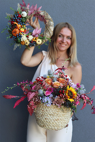 zestaw dekoracji jesiennych, kompozycja Menata & wianek Lunera