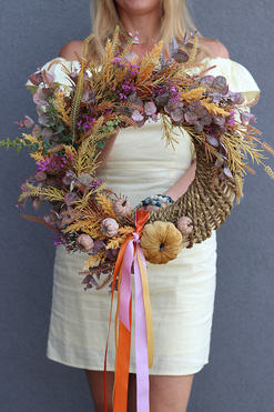 Jesienne Powroty, asymetryczny jesienny wianek na drzwi, śr.44cm