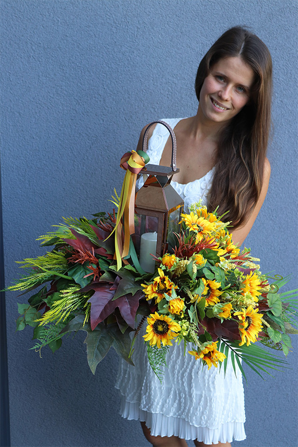 Angelo Garden Jesień, lampion nagrobny ze słonecznikami, wys.41cm