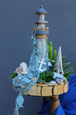 Latarnia Morska, kompozycja marynistyczna na drewnie, wym.41x27cm