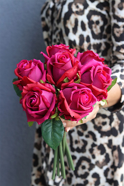 Róża Classic, bukiet róż real-touch, amarantowe, 7szt, dł.29cm