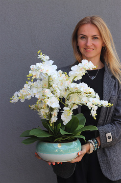 Quemada Turkus 2, sztuczny storczyk w ozdobnej misie, wys.50cm