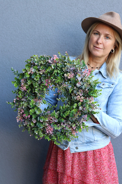 Zielone Liście B, wysokiej jakości sztuczny wianek na drzwi, śr.42cm