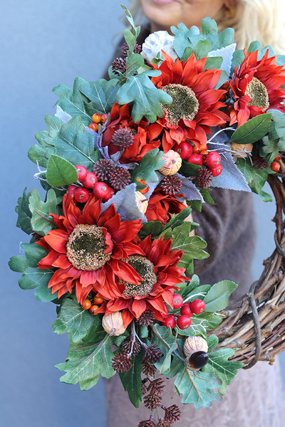 Słonecznikowo, ozdobny wianek jesienny, śr.42cm