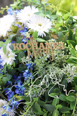 Blue Heart, wiązanka nagrobna w kształcie serca z dedykacją, dł.84cm