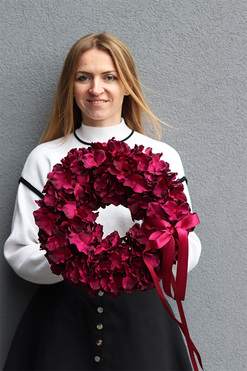 Hortensja Valentino, wiśniowy wianek z hortensji, śr.34cm