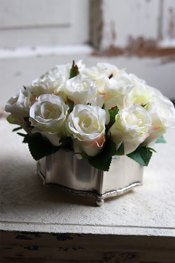 Amarenita, białe róże w cynowanym naczyniu