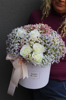 Kaszka&Róża, flowerbox kwiatowy welurowy, gipsówka