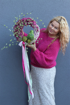 OD RĘKI Green Bird, wiosenny wianek dekoracyjny z ptaszkiem, rozp.49cm