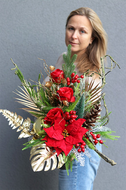 Red&Gold, świąteczny bukiet nagrobny we wkładzie, wys.55cm