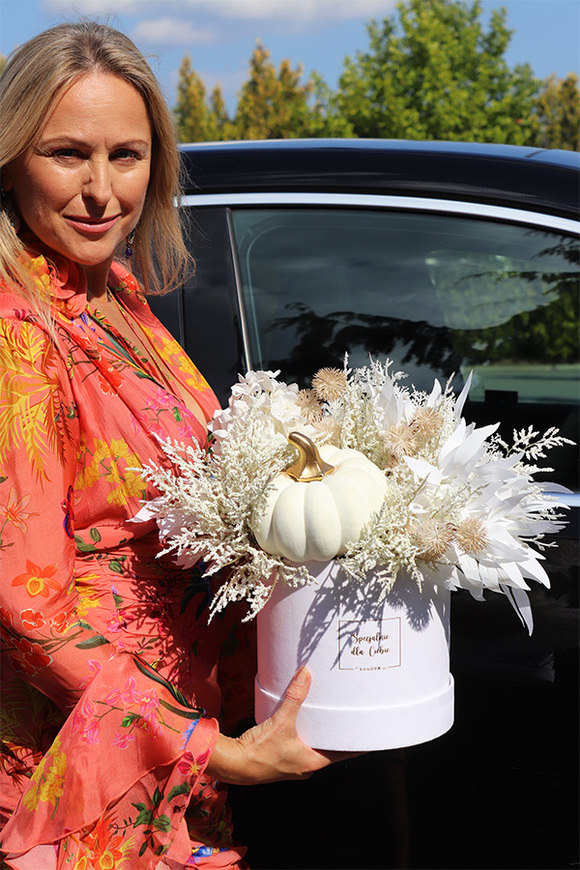 white Pumpkin, welurowy flowerbox jesienny, wym.40x40x30cm