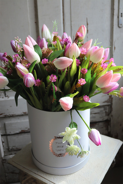 flowerbox z różowymi tulipanami, Tulippo, wys.51cm