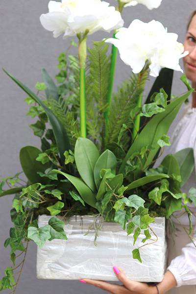 Amarillo, sztuczna kompozycja w gąbce do donicy klienta, wys.75cm