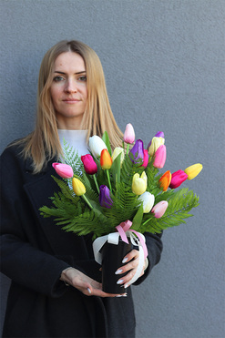 Tulipany Kolorowe, komplet dekoracji nagrobnych, kompozycja + bukiet 