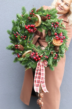 Idą Święta LED, zimowy wianek na drzwi, śr.50cm