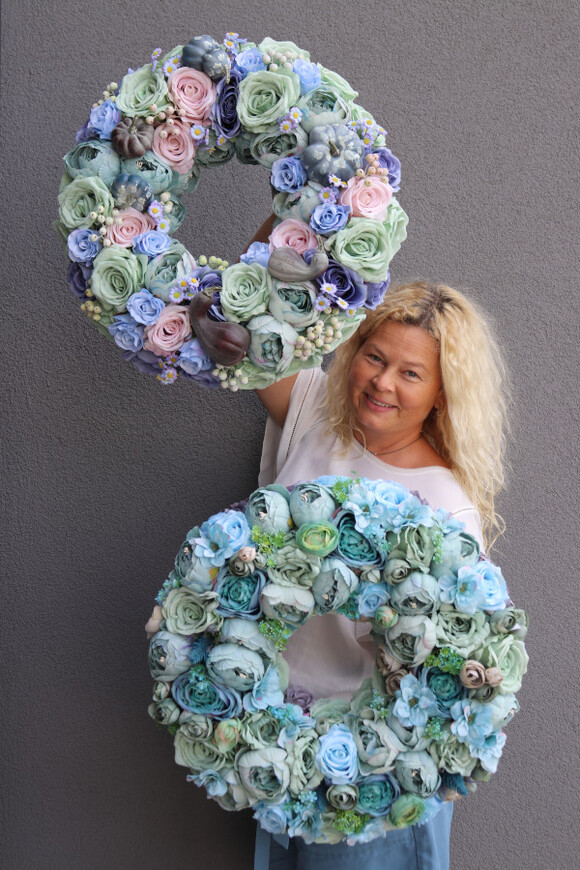 Pumpkin Blue, niebieski jesienny wianek z dyniami