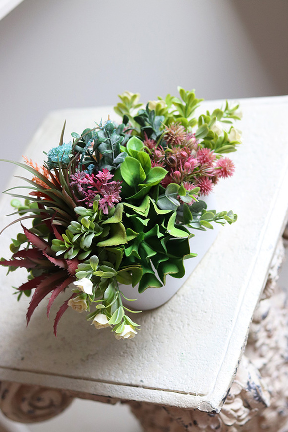 Minisa, sukulenty w biało-srebrnej doniczce, wys.15cm