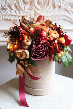 Gerita LED, bordowy flowerbox świąteczny, wys.31cm