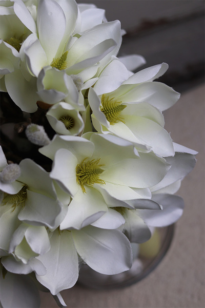 Magnolie Sweet White, wielkanocna kompozycja kwiatowa w szkle, wym.38x31cm