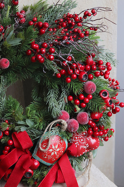 Karminowe Serce, świąteczny wianek dekoracyjny