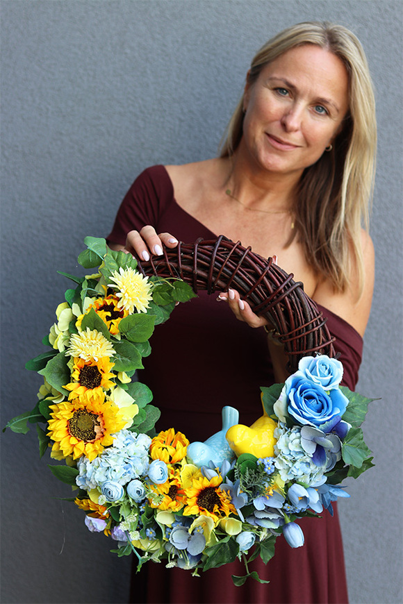 Sunflower Birds, dekoracyjny wianek z ptaszkami i słonecznikami