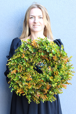 OD RĘKI Zielone Liście D, wysokiej jakości sztuczny wianek na drzwi, śr.42cm 