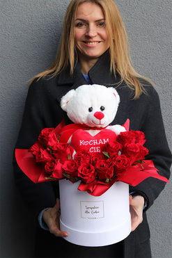 Teddy White, walentynkowy flowerbox kwiatowy z misiem, wys.43cm 