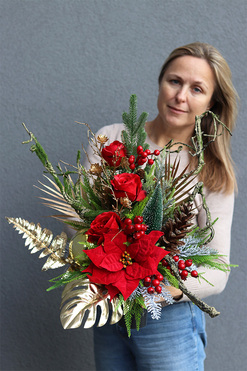 Red&Gold, świąteczny bukiet nagrobny we wkładzie, wys.55cm