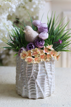 Ptak w Gnieździe, dekoracja z ptaszkiem w perłowej donicy, wys.26cm