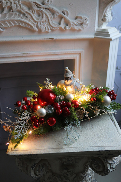 Winter Bird, świąteczny stroik LED na tacce