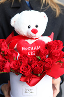 Teddy White, walentynkowy flowerbox kwiatowy z misiem