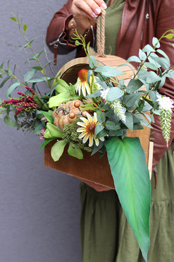 Dyniowo, jesienna kompozycja w drewnianej skrzynce, wym.30x70cm