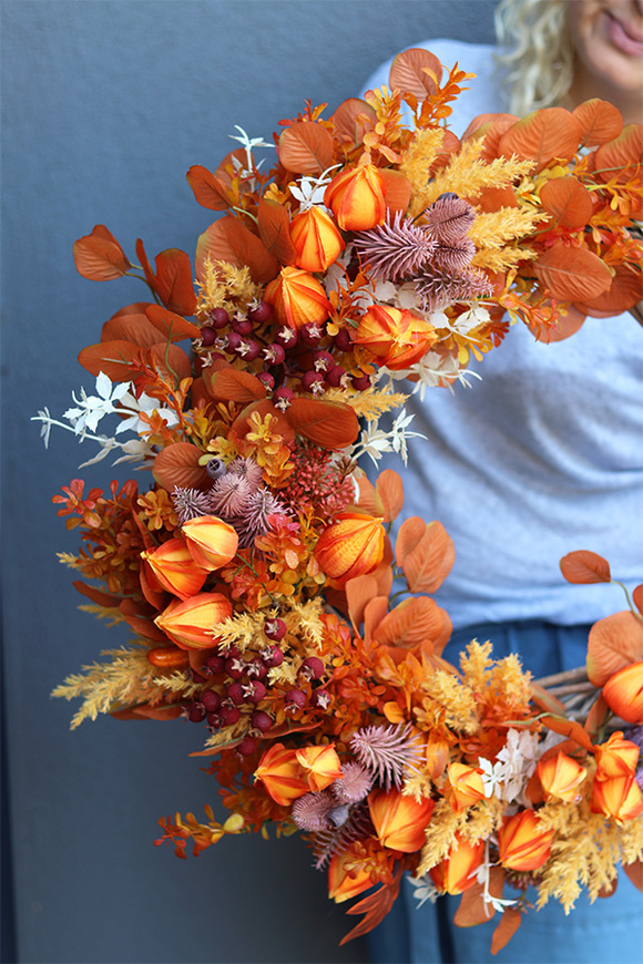 Słoneczna Miechunka, jesienny wianek na drzwi