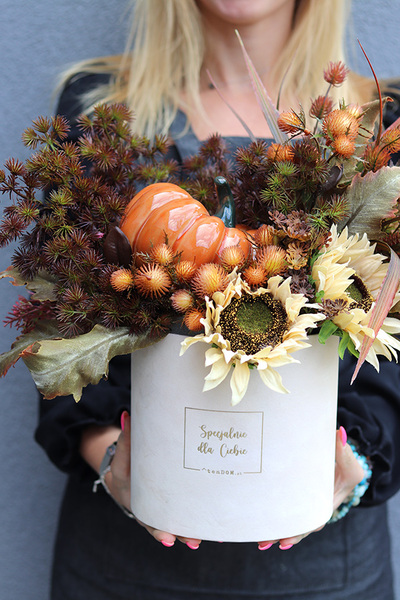 Autumn Pumpkin, box jesienny z ceramiczną dynią, wys.40cm