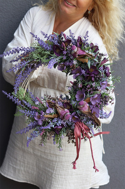 Fioletowe Ptaki, asymetryczny wianek na drzwi, rozp.37cm