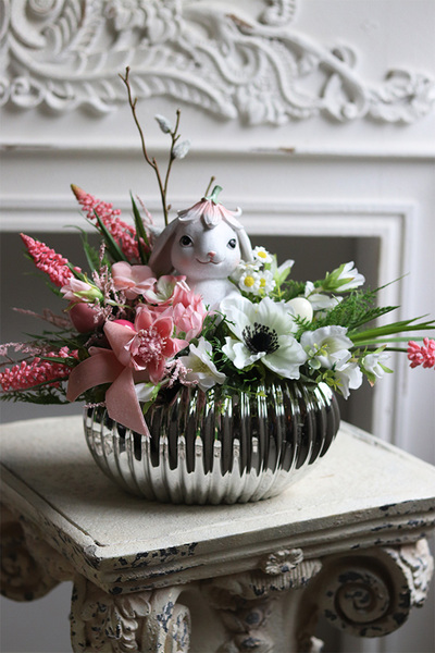 Srebrna Sielanka Sweetie Bunny, stroik wielkanocny w naczyniu