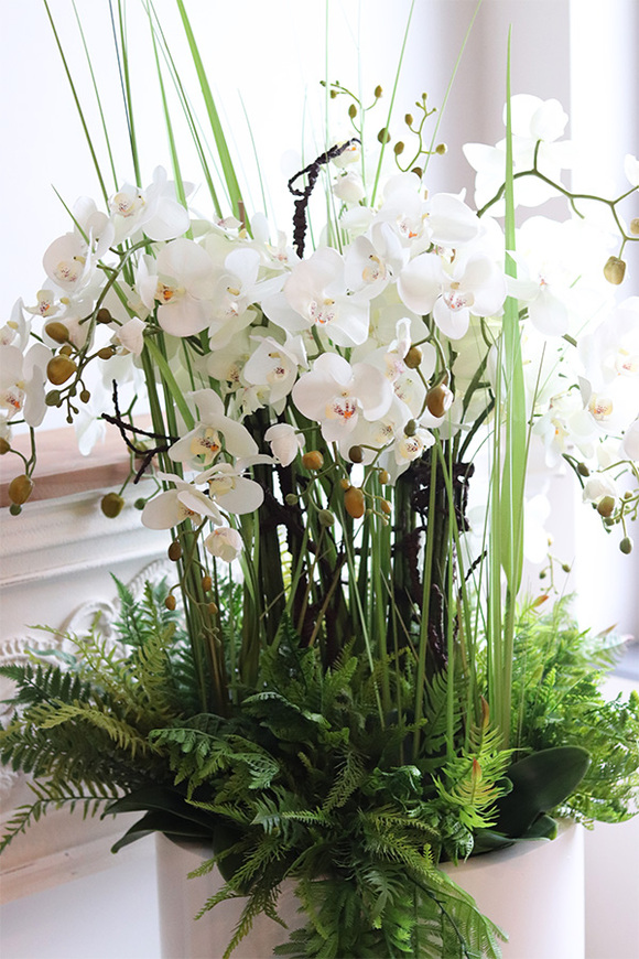 Fiberglass Grande Leucadio efektowny storczyk w białej donicy z fiberglass