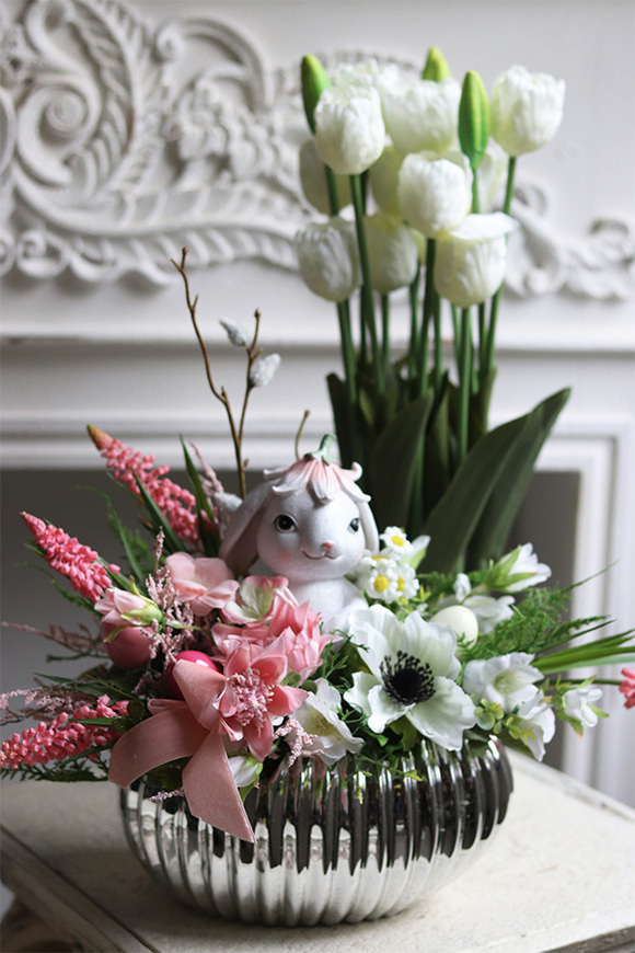 Srebrna Sielanka Sweetie Bunny, stroik wielkanocny w naczyniu