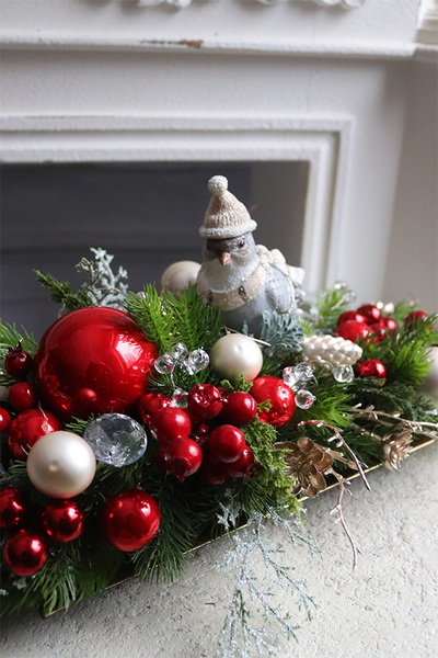 Winter Bird, świąteczny stroik LED na tacce