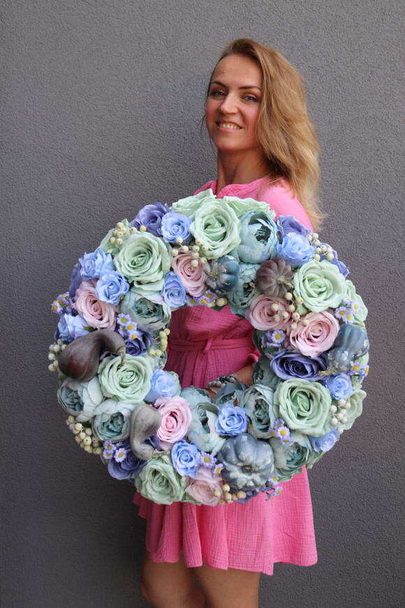 Pumpkin Blue, niebieski jesienny wianek z dyniami