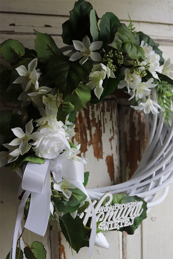 Biellesa, biały wianek komunijny z napisem, śr.32cm