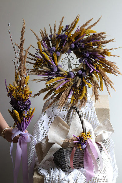 Fioletowa Wielkanoc, dekoracyjny wianek z suszem