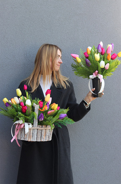 Tulipany Kolorowe, komplet dekoracji nagrobnych, kompozycja + bukiet 