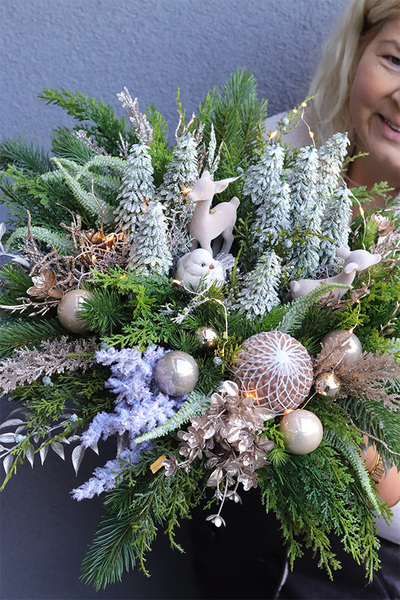 Leśna Kraina LED, świąteczny stroik w szklanej misie